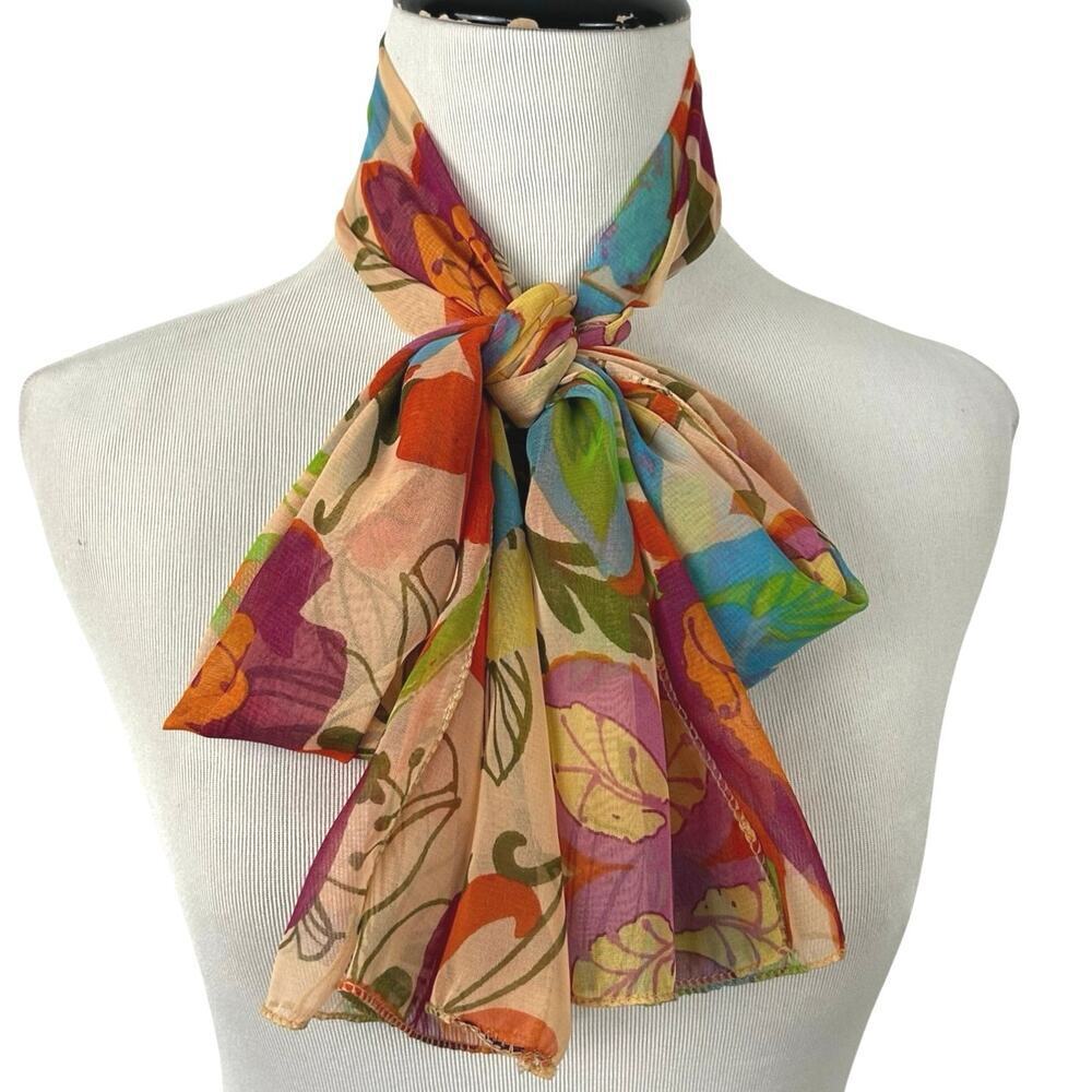 Colorful Floral Sheer Scarf Head Neck Retro Boho Cottagecore Wrap